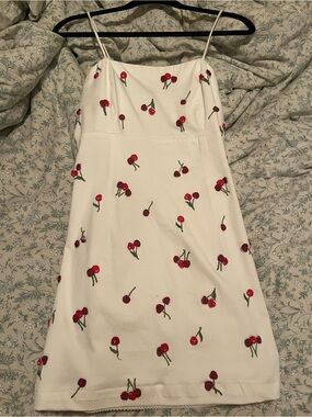 Anthropologie White Mini Dress with Red Cherry Accents